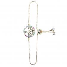 Stainless Steel Tree of Life Drawstring Bolo Bracelet in Gold PVD with Colorful Cubic Zirconia